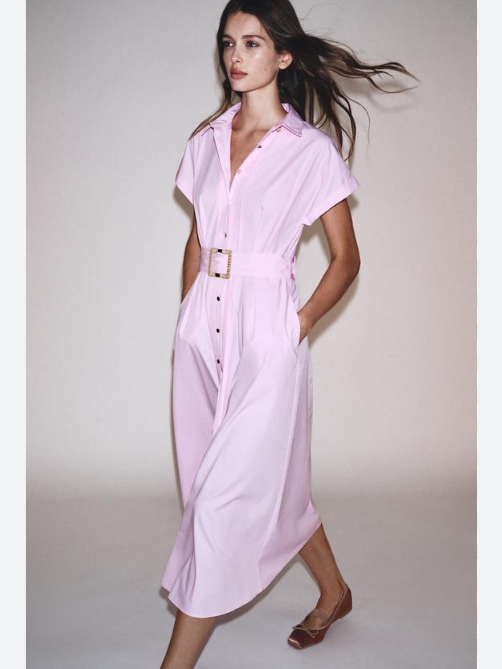 Zara NWT belted poplin shirtdress pink 8441/255